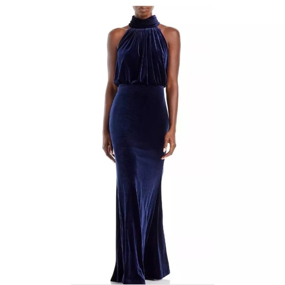 NWT ELIZA J Velvet Mock Neck keyhole back Maxi Gown Evening Dress Ruched Navy - Picture 2 of 16